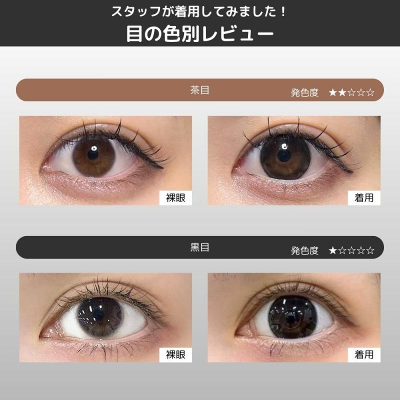 シャプン (Chapun) カラコン - 齊藤なぎさ (なーたん) いとおしブラック 目の色別比較